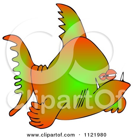 Cartoon Of A Grumpy Green And Orange Fish - Royalty Free Clipart by djart
