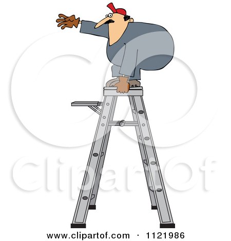 Cartoon Of A Worker Standing Unsteady On A Ladder - Royalty Free Vector Clipart by djart