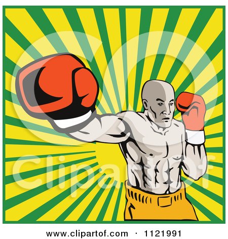 Clipart Of A Retro Boxer Jab Punching Over Rays - Royalty Free Vector Illustration by patrimonio