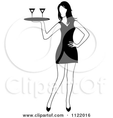 Clipart Of A Black And White Cocktail Waitress Carrying A Tray With Beverages - Royalty Free Vector Illustration by Pams Clipart
