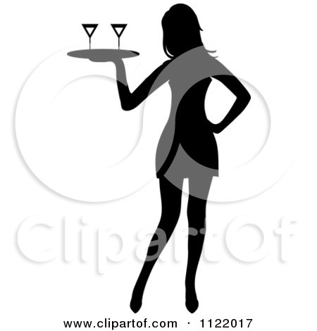 Clipart Of A Silhouetted Cocktail Waitress Carrying A Tray With Beverages - Royalty Free Vector Illustration by Pams Clipart