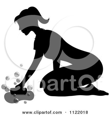 Clipart Of A Silhouetted Male Scrubbing A Floor On Her Knees - Royalty Free Vector Illustration by Pams Clipart