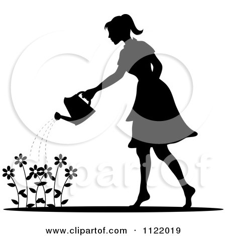 Clipart Of A Silhouetted Woman Watering A Flower Garden - Royalty Free Vector Illustration by Pams Clipart
