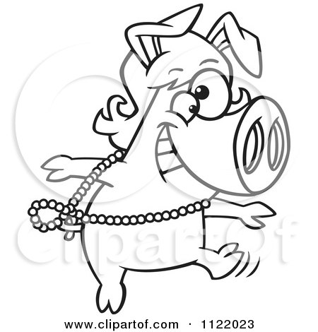 Cartoon Of An Outlined Dancing Pig In A Wig - Royalty Free Vector Clipart by toonaday