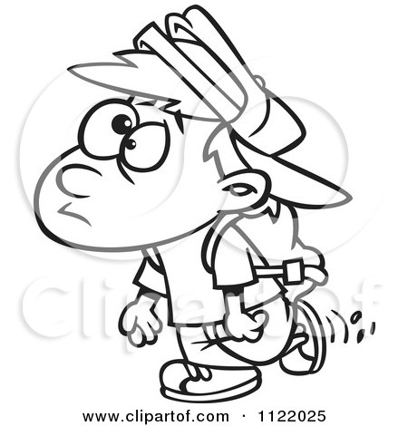 Cartoon Of An Outlined School Boy Walking - Royalty Free Vector Clipart by toonaday