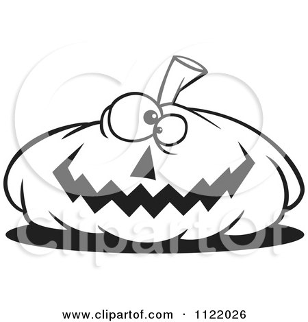 Cartoon Of An Outlined Nearly Flat Jackolantern Halloween Pumpkin - Royalty Free Vector Clipart by toonaday