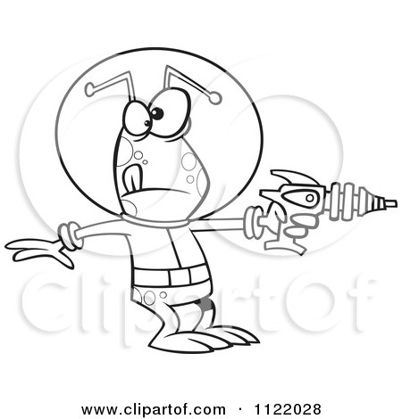 Cartoon Of An Outlined Alien Invader Pointing A Ray Gun - Royalty Free Vector Clipart by toonaday