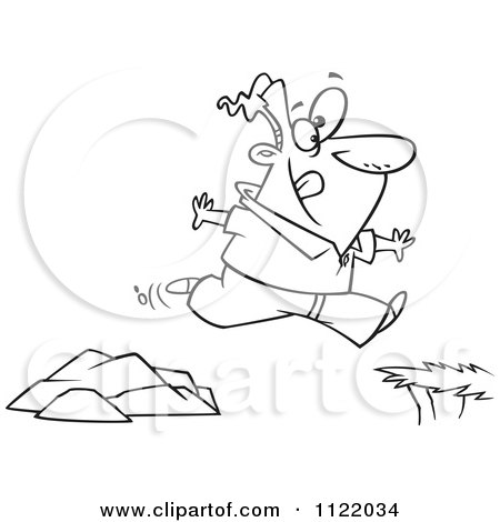 Cartoon Of An Outlined Man Jumping To A Greener Side - Royalty Free Vector Clipart by toonaday