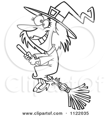 Cartoon Of An Outlined Happy Halloween Good Witch Flying On A Broom - Royalty Free Vector Clipart by toonaday