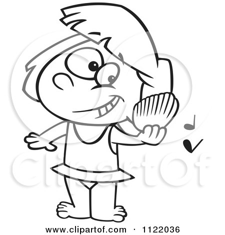 Cartoon Of An Outlined Girl Listening To A Shell Play Music On A Beach - Royalty Free Vector Clipart by toonaday