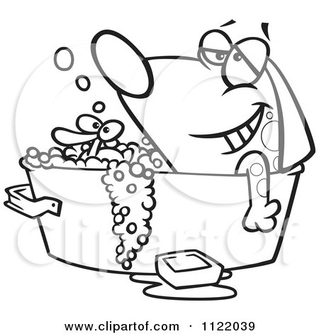 Cartoon Of An Outlined Relaxed Dog Bathing In A Tub With A Rubber Duck - Royalty Free Vector Clipart by toonaday