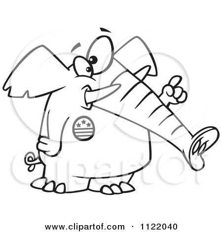 Cartoon Of An Outlined Republican Elephant Wearing A Button And Holding Up A Finger - Royalty Free Vector Clipart by toonaday