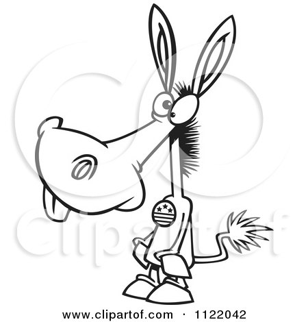 Cartoon Of An Outlined Democratic Donkey Wearing A Button - Royalty Free Vector Clipart by toonaday