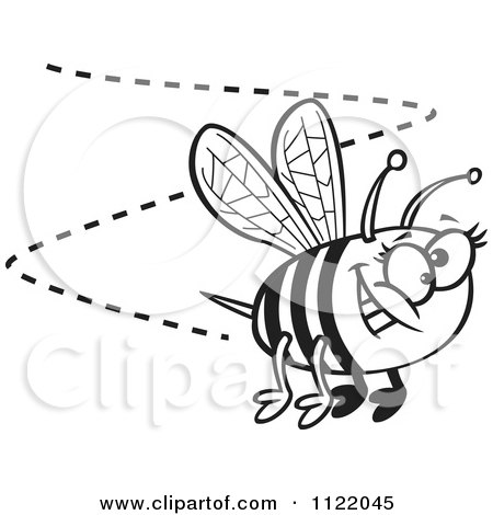 Cartoon Of A Black And White Happy Bee Buzzing Around - Royalty Free Vector Clipart by toonaday