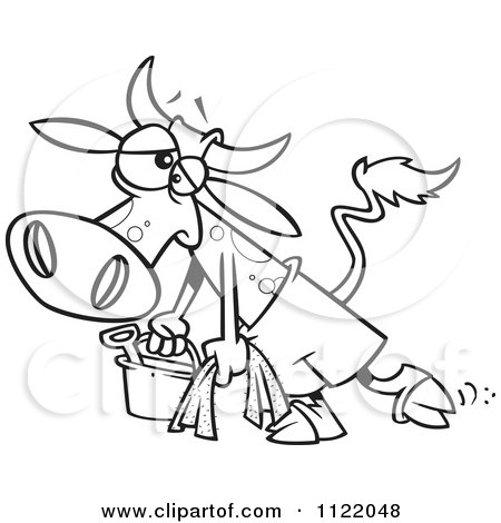 Cartoon Of An Outlined Depressed Cow Leaving The Beach - Royalty Free Vector Clipart by toonaday