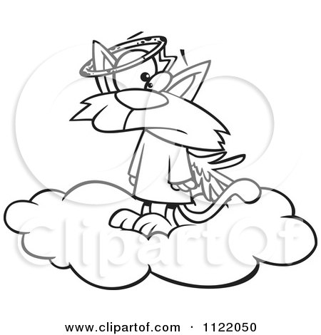Cartoon Of An Outlined Confused Angel Cat In Heaven - Royalty Free Vector Clipart by toonaday