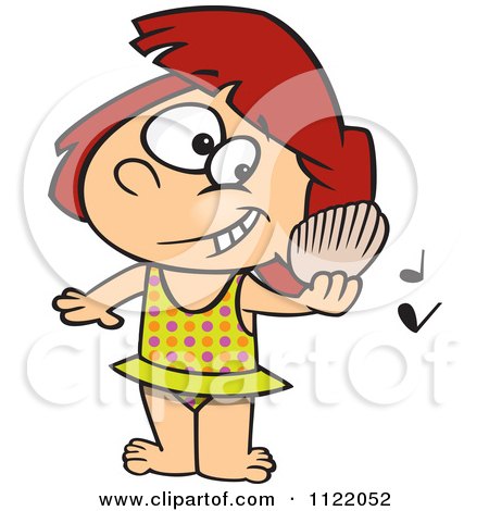 Cartoon Of A Girl Listening To A Shell Play Music On A Beach - Royalty Free Vector Clipart by toonaday
