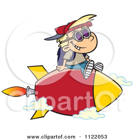 Cartoon Of A School Boy Riding On A Rocket - Royalty Free Vector Clipart by toonaday