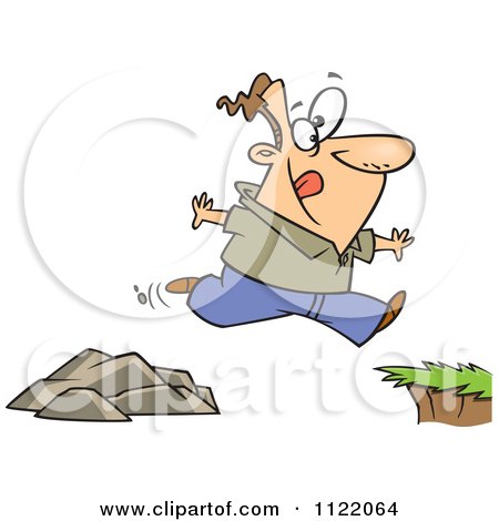 Cartoon Of A Man Jumping To A Greener Side - Royalty Free Vector Clipart by toonaday