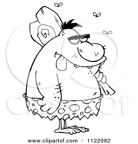 Cartoon Of An Outlined Dumb Caveman With Flies And A Club - Royalty Free Vector Clipart by Hit Toon