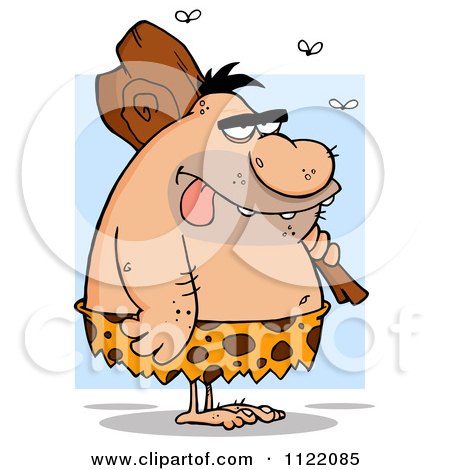 Cartoon Of A Dumb Caveman With Flies And A Club Over Blue - Royalty Free Vector Clipart by Hit Toon