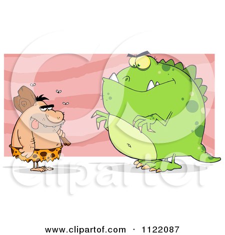Cartoon Of A Dumb Stinky Caveman And Dinosaur Over Pink - Royalty Free Vector Clipart by Hit Toon