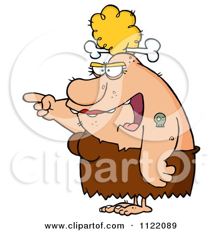 Cartoon Of A Mad Cavewoman Pointing A Finger And Yelling - Royalty Free Vector Clipart by Hit Toon
