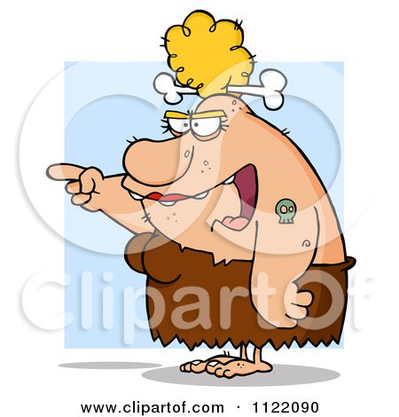 Cartoon Of A Mad Cavewoman Pointing A Finger And Yelling Over Blue - Royalty Free Vector Clipart by Hit Toon