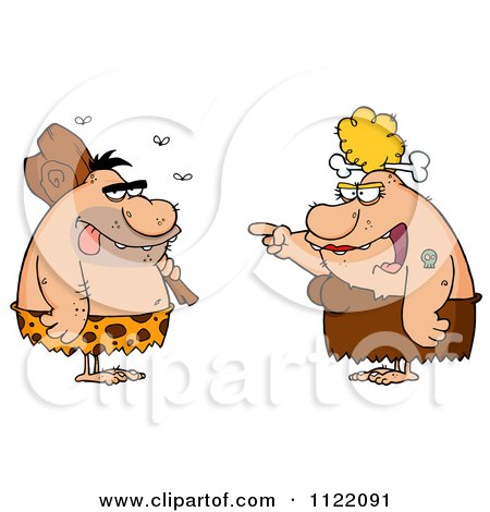 Cartoon Of A Cavewoman Yelling At A Dumb Stinky Caveman - Royalty Free Vector Clipart by Hit Toon