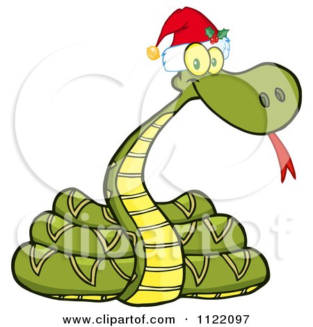Cartoon Of A Coiled Christmas Snake With A Santa Hat - Royalty Free Vector Clipart by Hit Toon