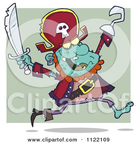 Cartoon Of A Running Zombie Pirate Over Green - Royalty Free Vector Clipart by Hit Toon
