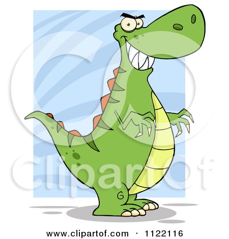 Cartoon Of A Green Tyrannosaurus Rex Dinosaur Over Blue - Royalty Free Vector Clipart by Hit Toon