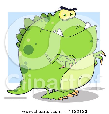 Cartoon Of A Green Dinosaur Over Blue - Royalty Free Vector Clipart by Hit Toon