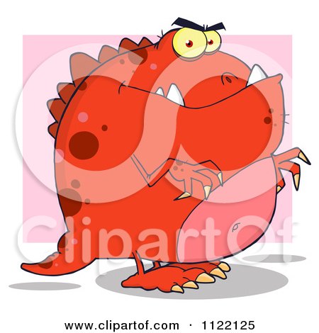 Cartoon Of A Red Dinosaur Over Pink - Royalty Free Vector Clipart by Hit Toon