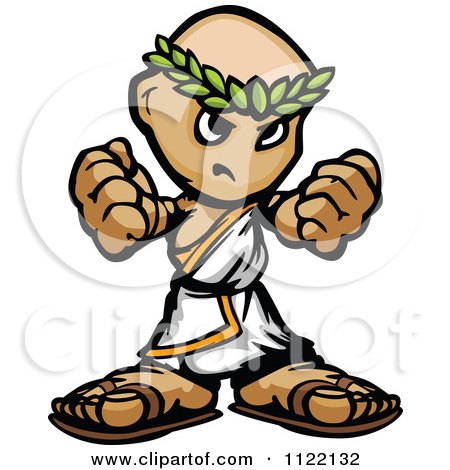 Cartoon Of A Tough Guy In A Toga Holding Up Fists - Royalty Free Vector Clipart by Chromaco
