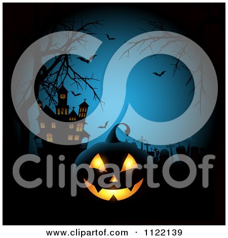 Clipart Of A Sspooky Halloween Jackolantern With Bats And Haunted House By A Cemetery - Royalty Free Vector Illustration by KJ Pargeter