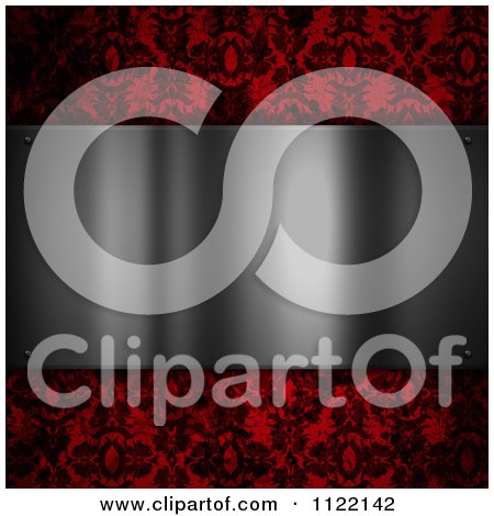 Clipart Of A Metal Plaque Over A Dark Red Floral Pattern - Royalty Free CGI Illustration by KJ Pargeter
