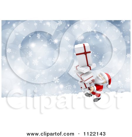 Clipart Of A 3d Santa Carrying A Sack Of Gift Boxes Through The Snow - Royalty Free CGI Illustration by KJ Pargeter