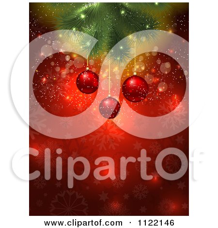 Clipart Of 3d Christmas Baubles Suspended From A Tree Branch Over Red With Sparkles - Royalty Free Vector Illustration by KJ Pargeter