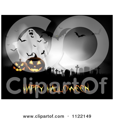 Clipart Of A Ghost Behind Jackolanterns In A Cemetery With Bats And Happy Halloween Text - Royalty Free Vector Illustration by KJ Pargeter