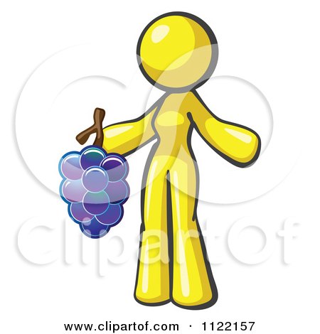 Cartoon Of A Yellow Woman Vintner Wine Maker Holding Grapes - Royalty Free Vector Clipart by Leo Blanchette