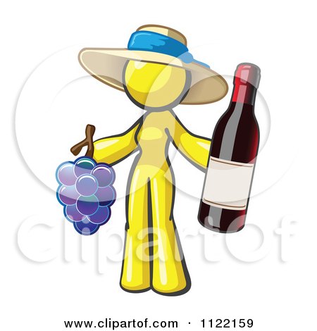 Cartoon Of A Yellow Woman Vintner Wine Maker Wearing A Hat And Holding Grapes And Wine - Royalty Free Vector Clipart by Leo Blanchette
