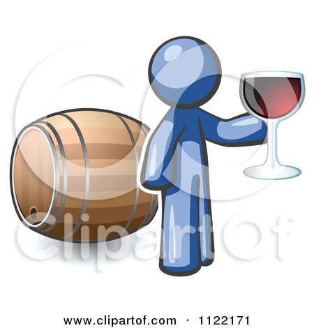 Cartoon Of A Blue Man Toasting By A Wine Barrel At A Winery - Royalty Free Vector Clipart by Leo Blanchette