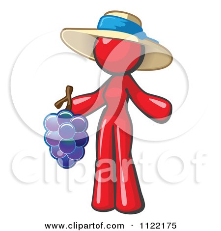 Cartoon Of A Red Woman Vintner Wine Maker Wearing A Hat And Holding Grapes - Royalty Free Vector Clipart by Leo Blanchette