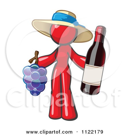 Cartoon Of A Red Woman Vintner Wine Maker Wearing A Hat And Holding Grapes And Wine - Royalty Free Vector Clipart by Leo Blanchette
