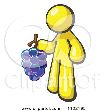 Cartoon Of A Yellow Man Vintner Wine Maker Holding Grapes - Royalty Free Vector Clipart by Leo Blanchette