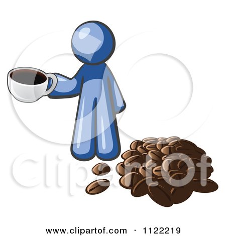 Cartoon Of A Blue Man With A Cup Of Coffee By Beans - Royalty Free Vector Clipart by Leo Blanchette