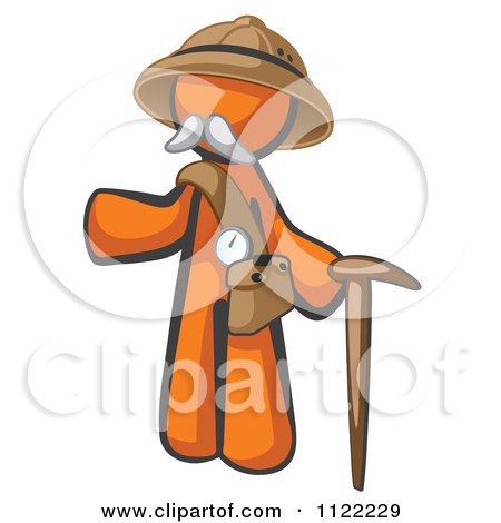 Cartoon Of An Orange Man Explorer With A Pack And Cane - Royalty Free Vector Clipart by Leo Blanchette