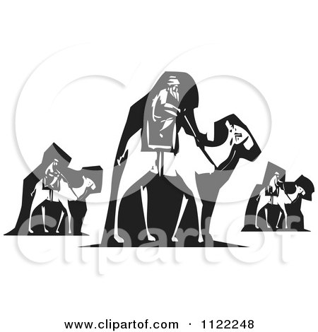Clipart Of A Black And White Woodcut Of The Wise Men On Camels - Royalty Free Vector Illustration by xunantunich
