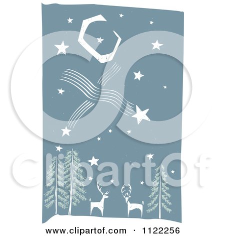 Clipart Of A Woodcut Of Two Deer In The Forest Under Shooting Stars - Royalty Free Vector Illustration by xunantunich